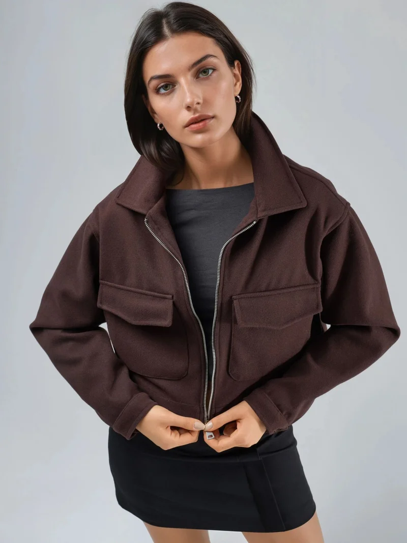 بوسيم BUSEM Crop Gabardine Jacket with Zipper and Pocket